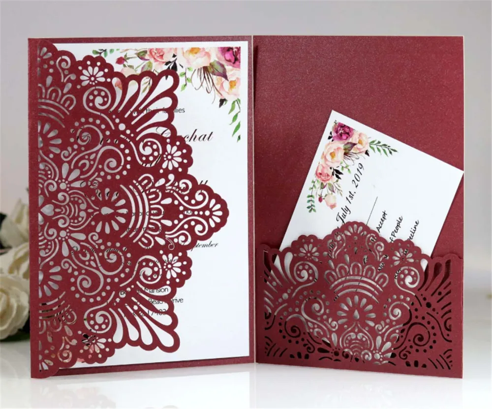 

Wedding Card Invitation Engagement Bridal Shower Customized Insert RSVP Printing Tri-Fold pocket 50 Sets