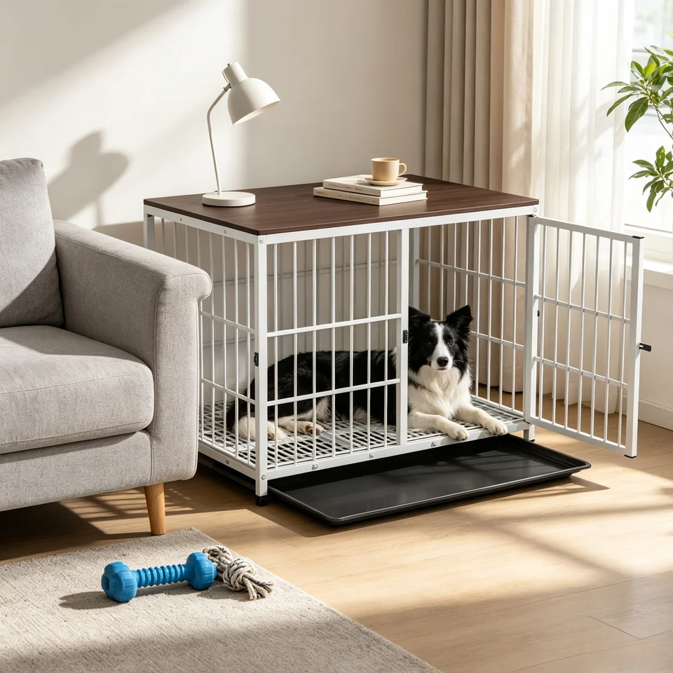 Stylish Wooden Dog Crate with Metal Frame