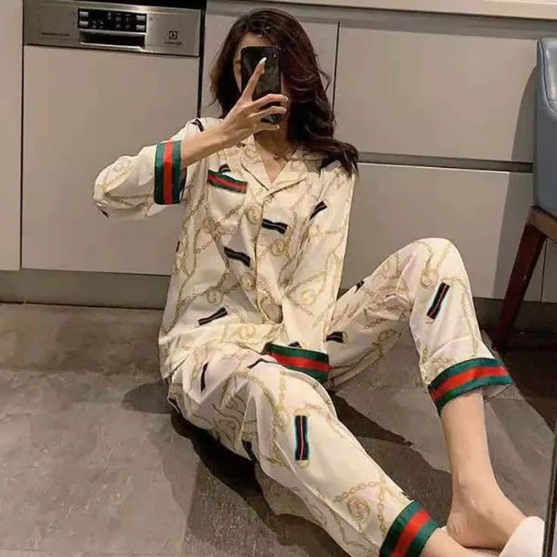 Women Plus Size Pajamas Silk Long Sleeve School Loungewear Two-Piece Fashion Webbing Chain Pattern Trouser Set Sexy Sleepwear image 2