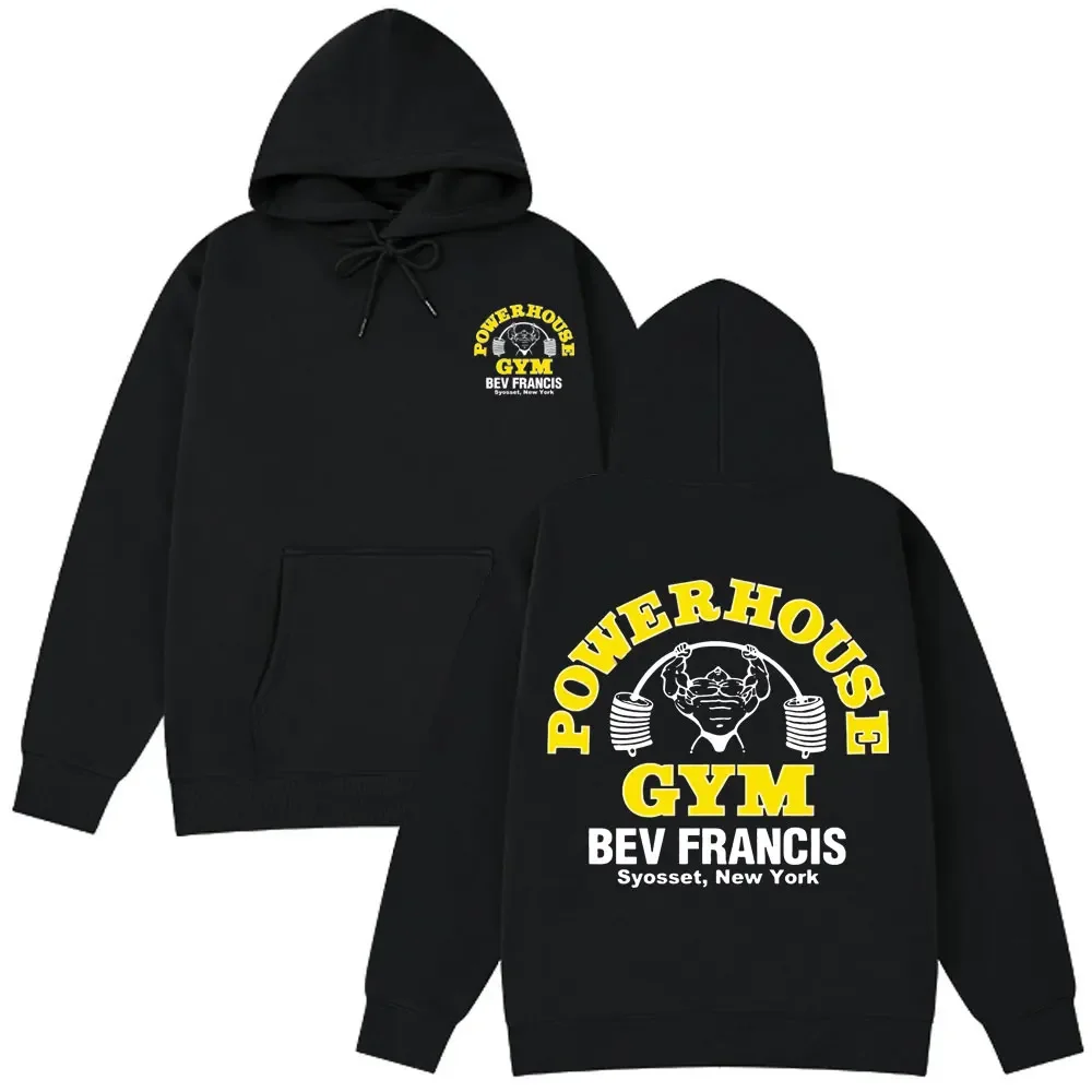 Moletom com capuz estampado da frente e de trás, com design gráfico da marca Men Powerhouse Gym Bev Francis, ideal para atividades físicas e treinos.