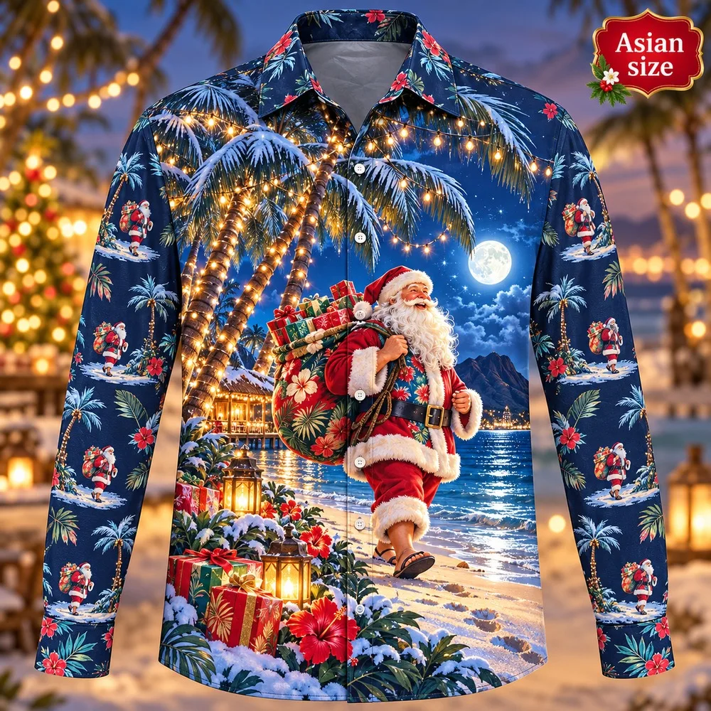 2026 Christmas Tropical Santa Long Sleeve Button Down Shirt for Men 3D Print Polyester Holiday Party Festive Xmas Gift Shirts