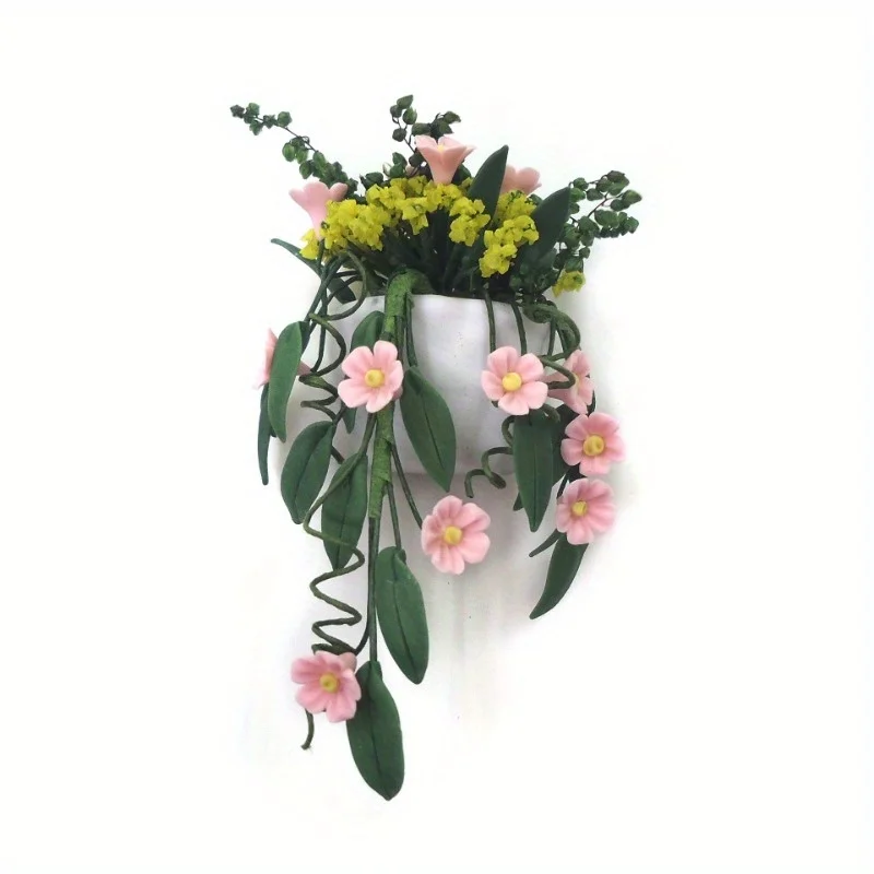 Mini Clay Flower White Wall Hanging Pollen Chrysanthemum Vine Flower Basket Potted Flower Living Room Decoration Micro Landscape