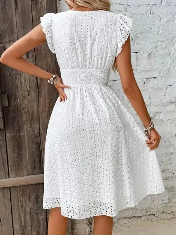 Summer Women V-Neck Beach Dress Flare Sleeve Solid Color Hollow Lace Waist Dress Casual Beach Holiday Dresses Casaul GQ5K
