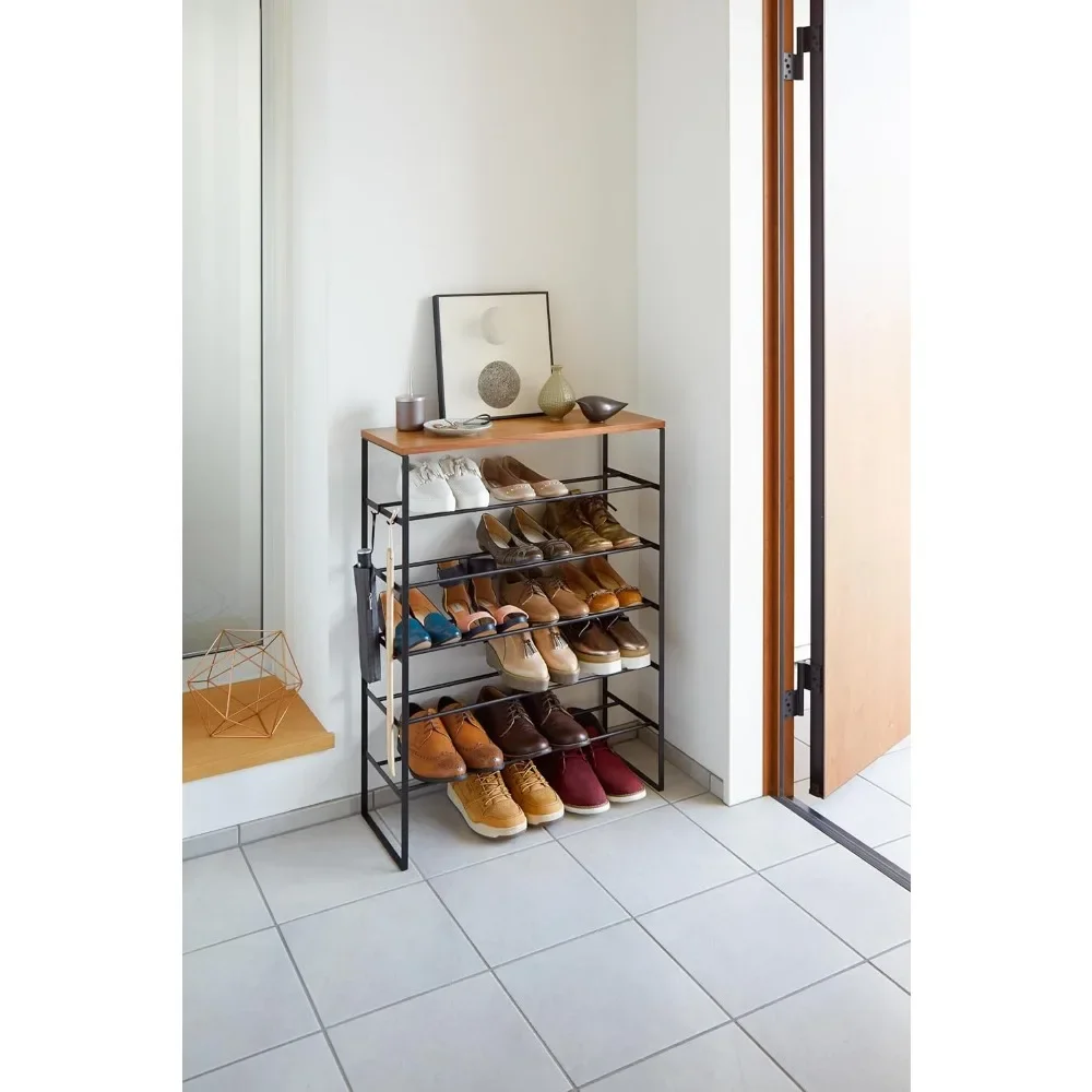 6 Tier Wood Top Shoe Rack Steel One Size Open Storage for Hallway Storage Cabinet