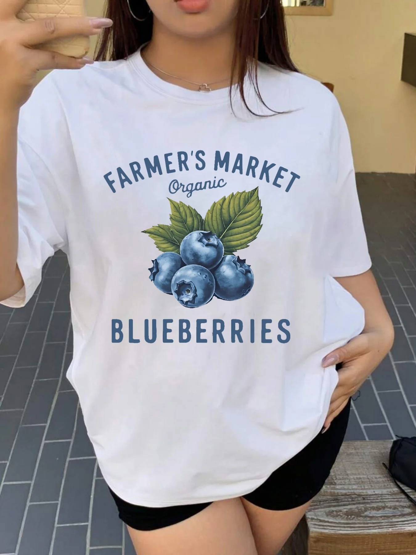 

Blueberry Fruit Pattern Printed Summer T-shirt Women's Top Round Neck Short Sleeve Casual Women's T-shirt Clothing