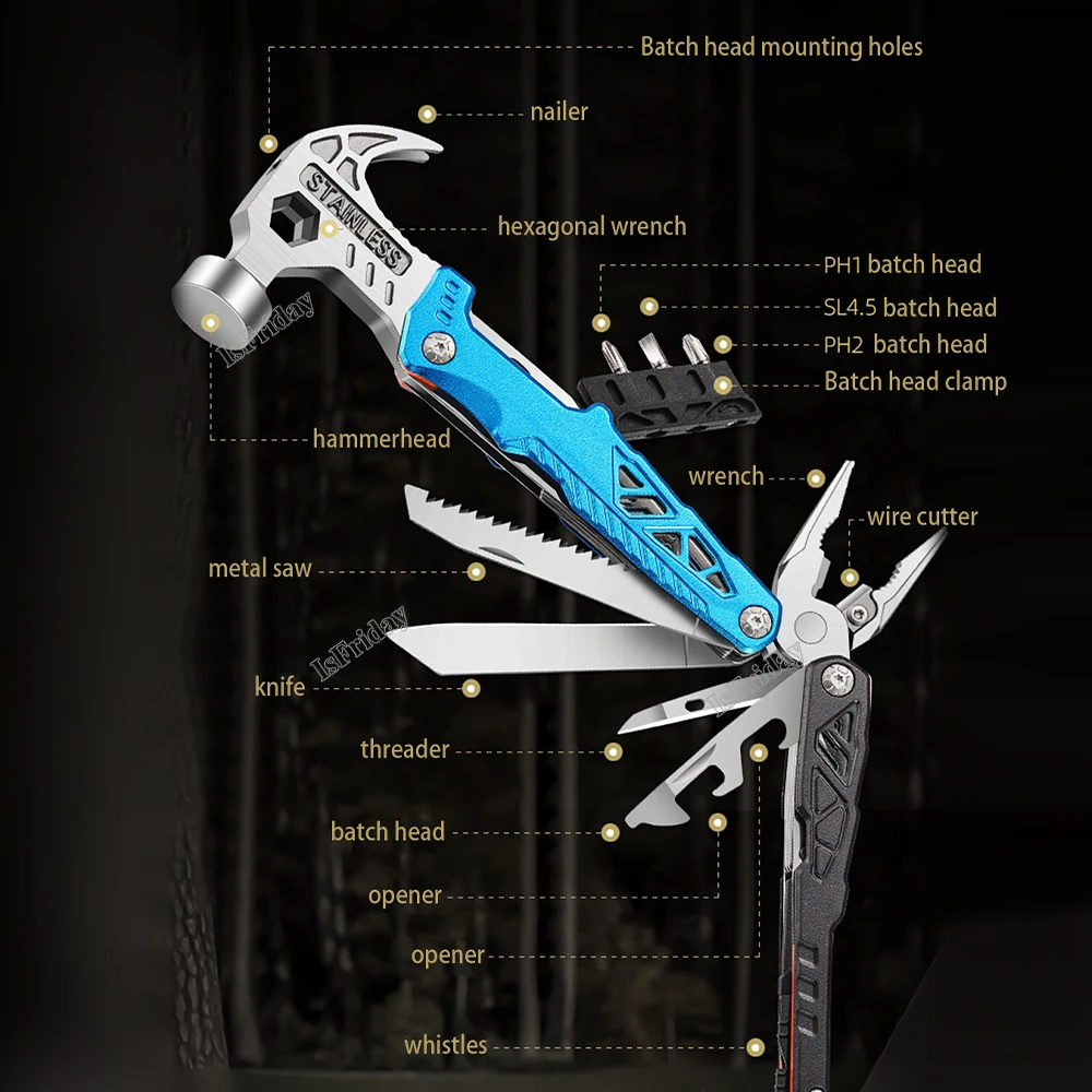 Multifunctional Claw Hammer Outdoor Camping Multi Tools Folding Knife Plier Multitool Adjustable Spanner Screwdriver Bits