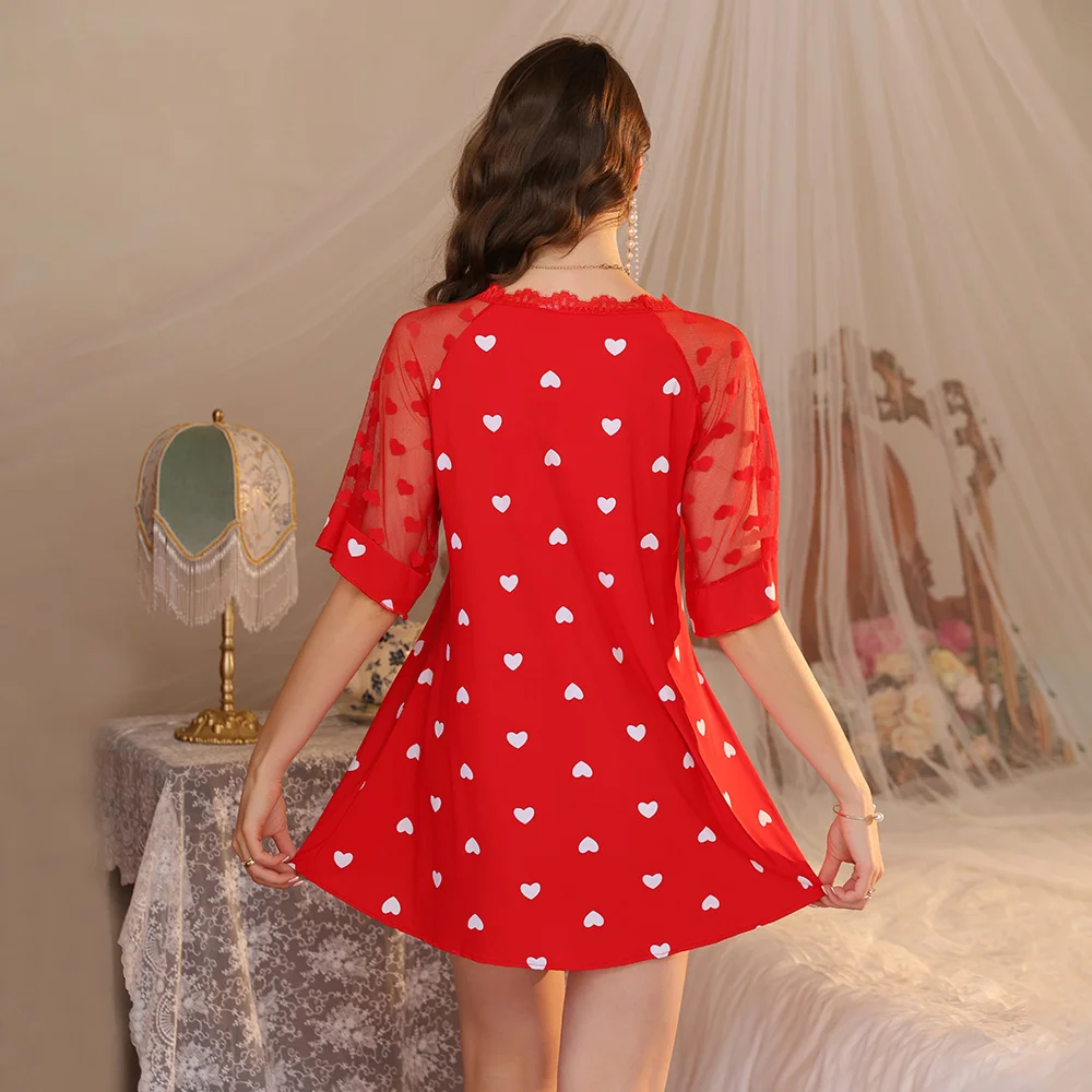 Red Heart Print Women's Nightdress - Sexy Mesh Short Sleeve V-Neck Sleepwear, Loose Summer Loungewear, Valentine's/Chinese Zodia