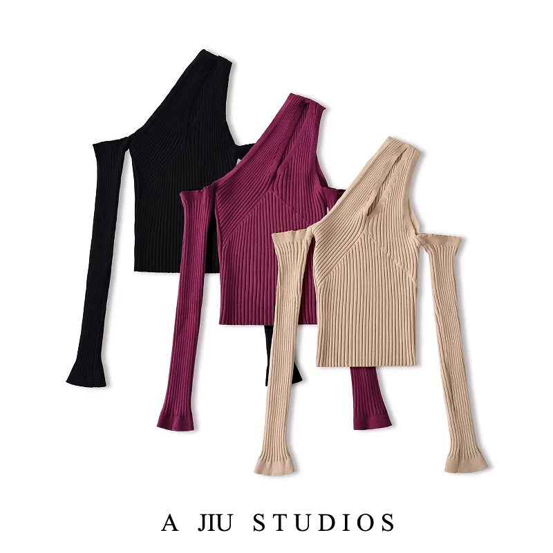 

Sexy Cross oulder Hollow out Knitted Long Sve Base irt Women's Elastic Slimming Hot Girl Top Pure Desire Sle