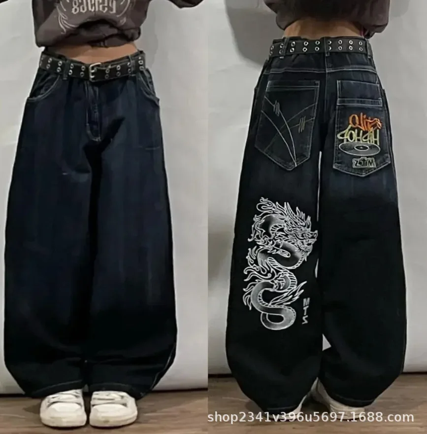 

American Hip Hop Retro Gothic Print Jeans Women Y2K New Street Selling Fashion Loose Straight Wide Leg Pants Unisex Joker Jeans