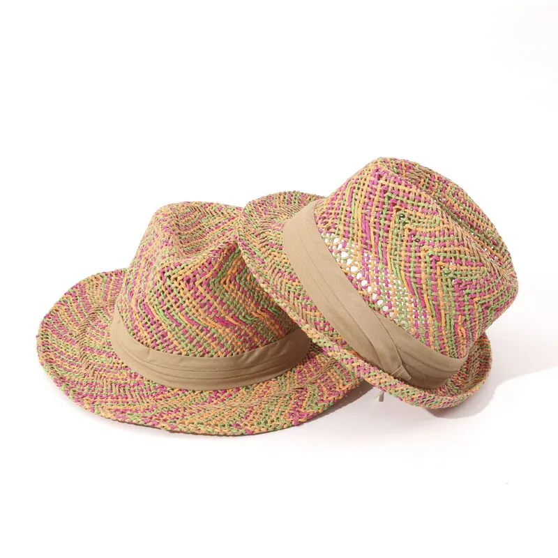 Fashion Multicolored Yarn Woven Straw Hat Foldable Soft Structure Breathable Seaside Vacation Daily Sun Hat