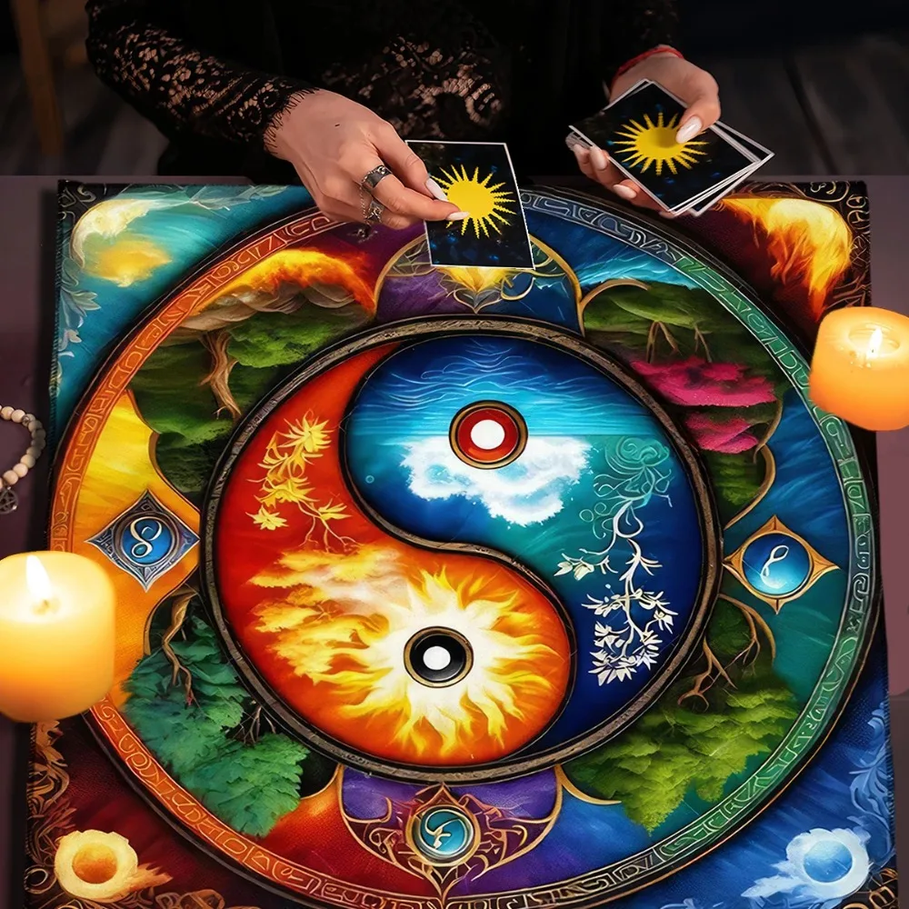 Yin Yang Symbol Altar Cloth Tarot Tablecloth with Flames, Water, Trees Witchcraft Astrology Divination Cloth Occult Home Decor