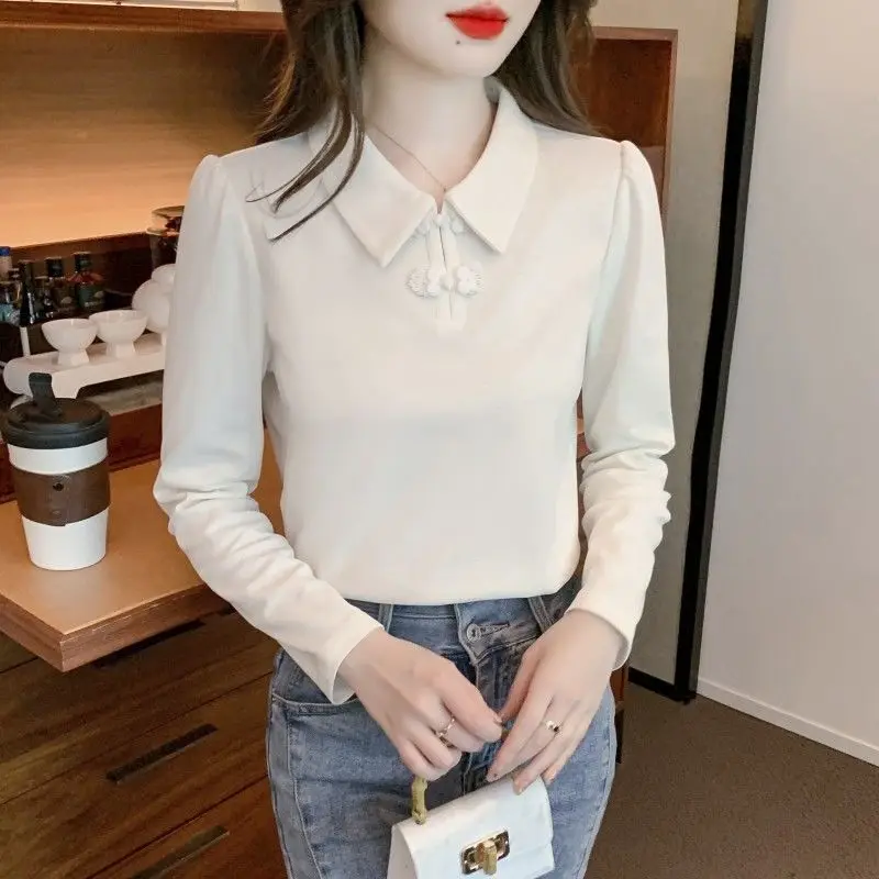 เสื้อยืดคอปกโปโลสไตล์จีนสําหรับผู้หญิงแขนยาวฤดูใบไม้ร่วงและฤดูหนาวเสื้อฐานใหม่