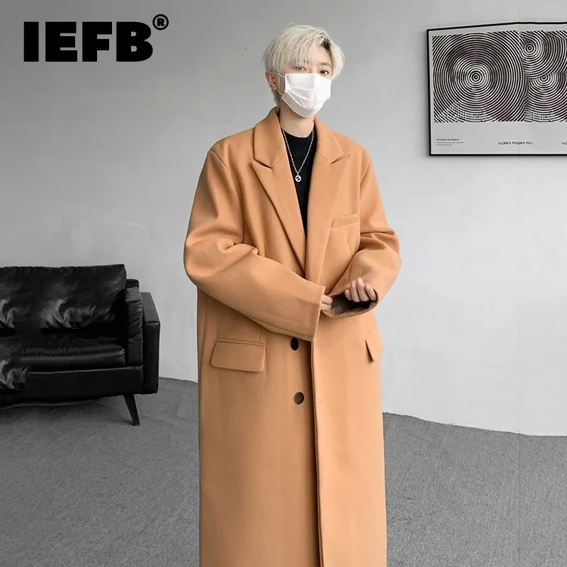 

IEFB Men's Woolen Coat Mid Long Thickening Windbreaker Solid Color 2024 Single Breasted Male Loose Trench Fashion Autumn 21Z6024