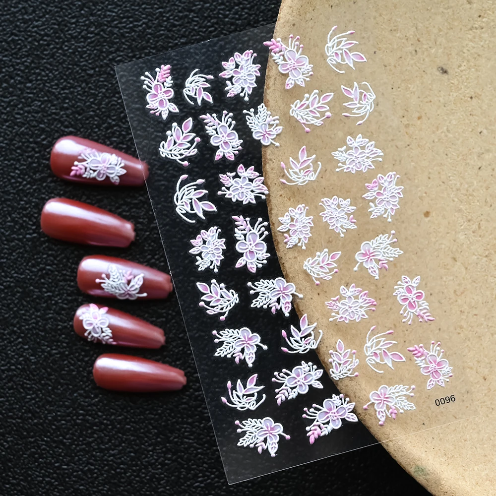 5D acrílico flores adesivos para unhas arte, gradiente rosa e branco, laço floral, prego deslizante suprimentos, gracioso, manicure decoração folhas