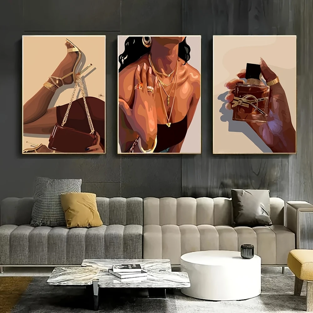 3PCS/Sets Black Girls Art Posters Canvas Painting Fashion Bag Jewelry Perfume Pictures and Prints Wall Art for Bedroom Decor
