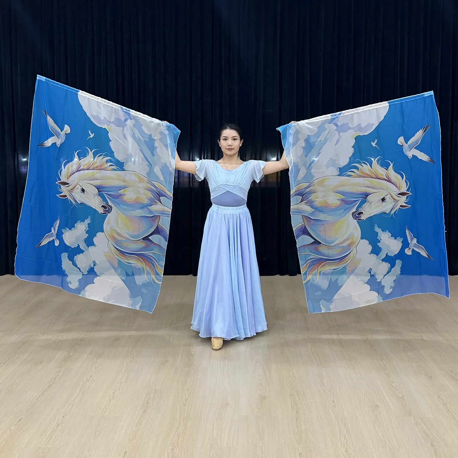2pcs Animal Praise Dance Church Worship Flags With Telescopic Sticks Flowy Rectangle Banners Performance Stage Props 138*110cm