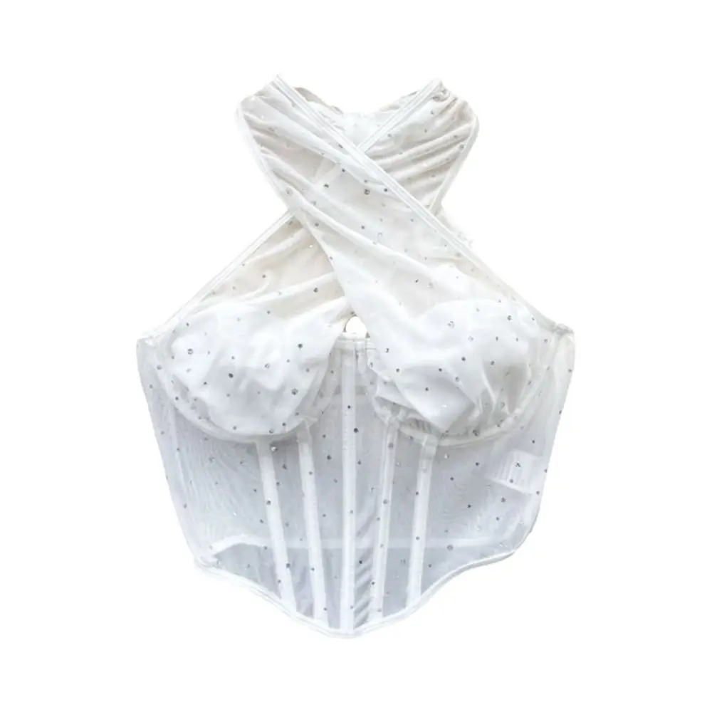 

Elegant Transparent Mesh Crystal Camisole Sleeveless Mesh Neck Halter Crop Top Shiny Slim Fit Corset Fishbone Camisole Party