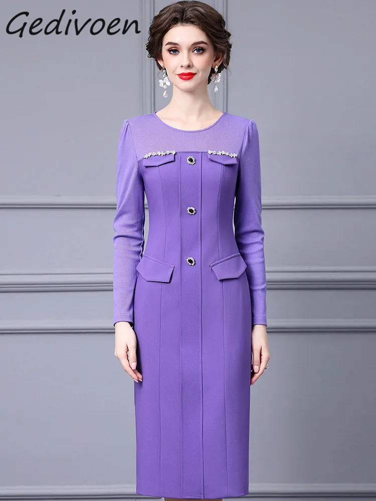 

Gedivoen Autumn Fashion Designer Purple Vintage Dress Women's O Neck Diamond Button High Waist Package Buttocks Slim Long Dress