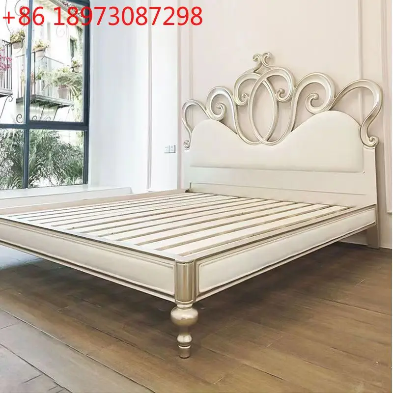 

Французская спальня, кровать из цельного дерева, светлая, роскошная кремовая кровать принцессы, европейская кожаная современная двуспальная кровать