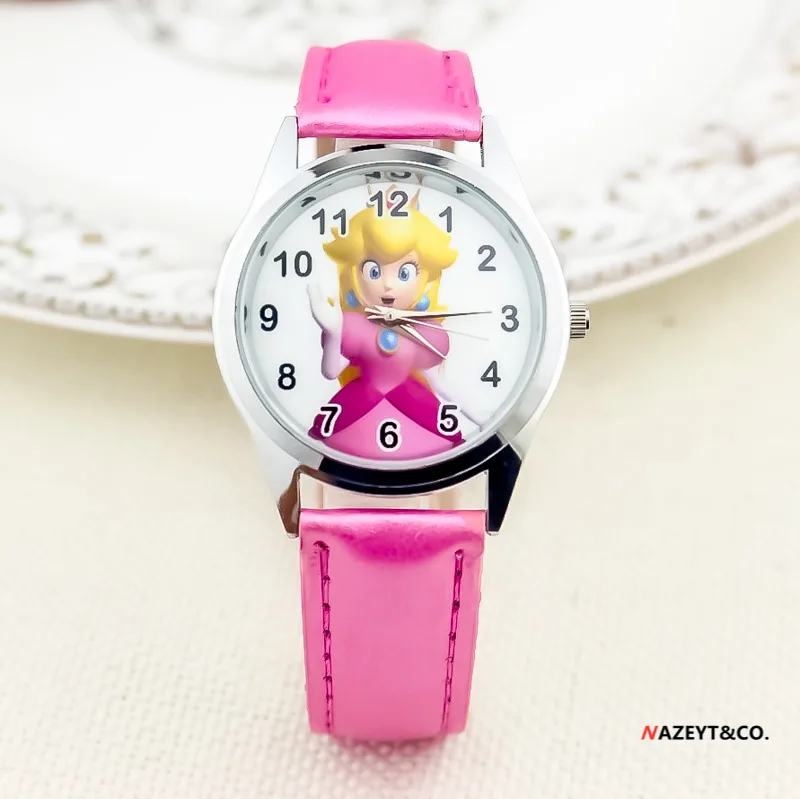 Super Mario Bros Series Cartoon Character Princess Peach Quartz Watch Cute Fashion PU Leather Strap Girls' Favorite Kids Gift