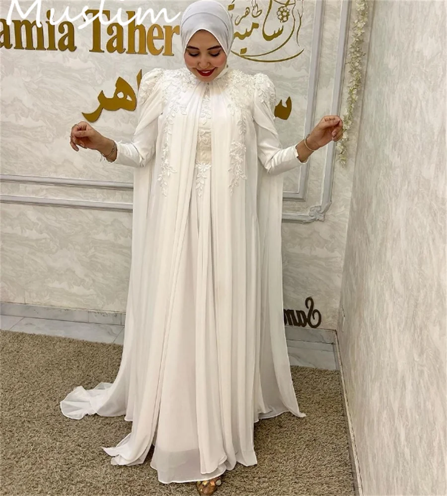 Gorgeous Muslim Turkey Wedding Dress With Cape Elegant Chiffon Boho Bride Long Sleeve Lace Bohemian Country Arabic Customized