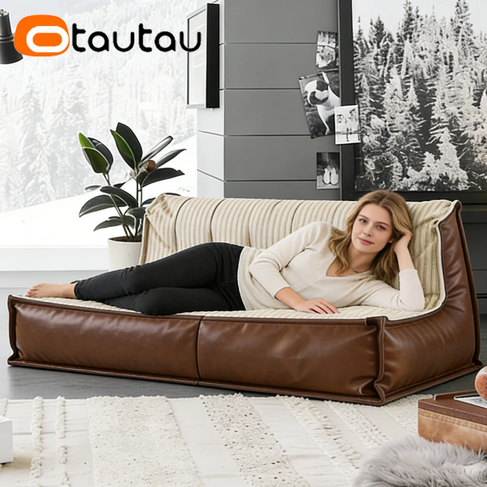 OTAUTAU 2-seat Bean Bag Lounger Cover Leather Cotton Linen Pouf Couch Beanbag Cover SF633【No Filler!Need Buy Filler Yourself!】 - view 5