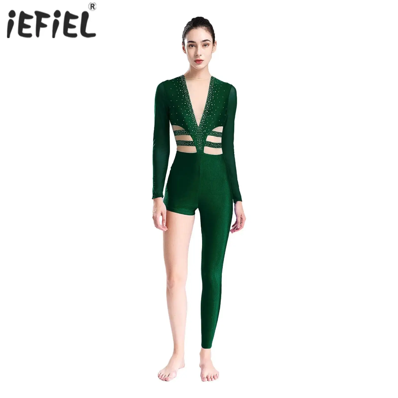 

Womens Artistic Gymnastics Ballet Jersey Figure Skating Dance Costume Long Sleeve Shiny Rhinestones Bodysuit Jumpsuit Romper