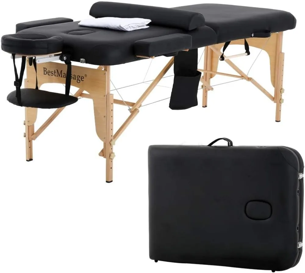 

Massage Table Massage Bed SPA Bed 2 Fold Massage Table Heigh Adjustable 73’’ Long PU Portable Salon Bed W/Half Bolsters