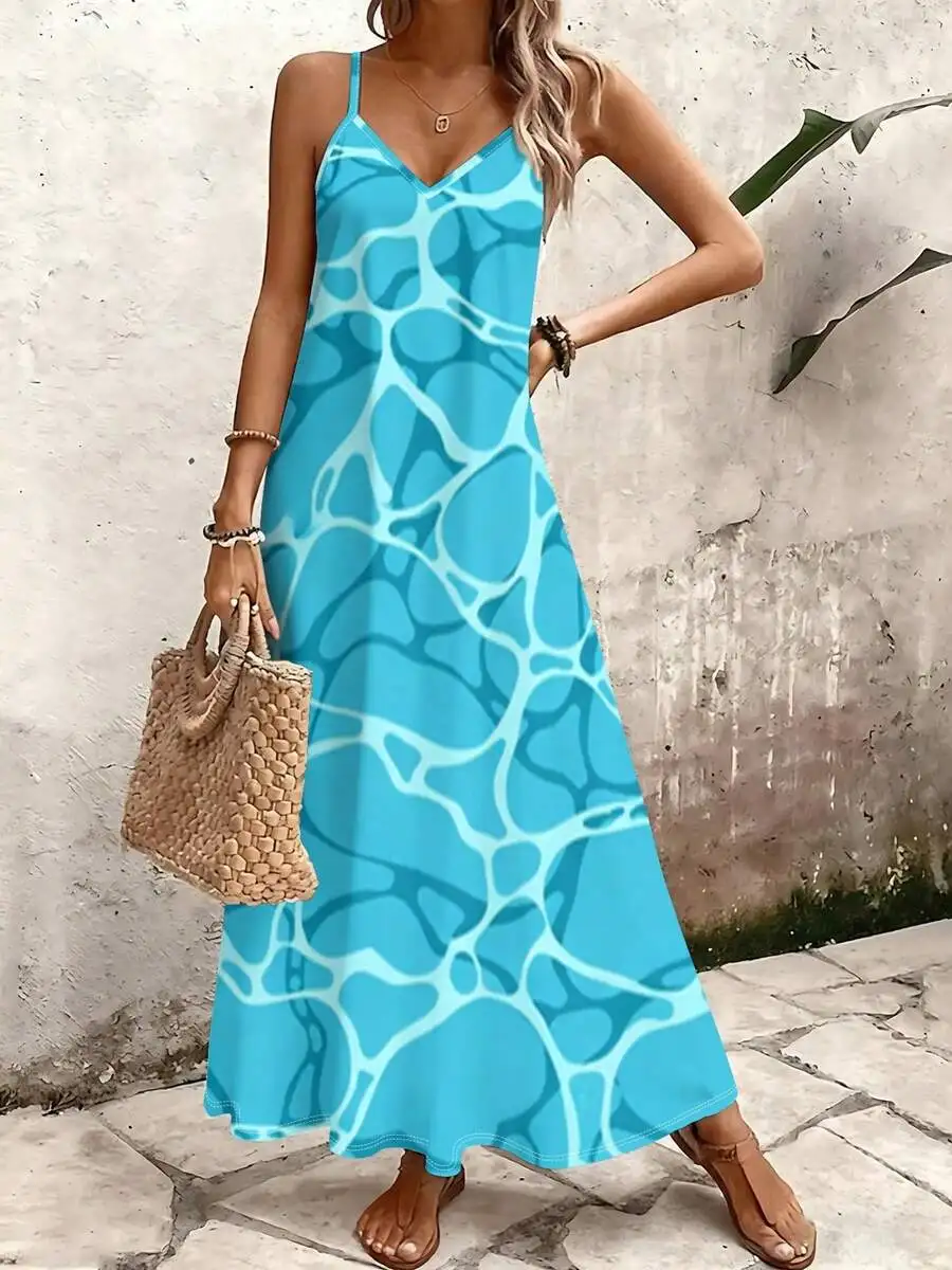 

Blue Abstract Water Pattern V-Neck Spaghetti Strap Maxi Dress For Women Summer Casual