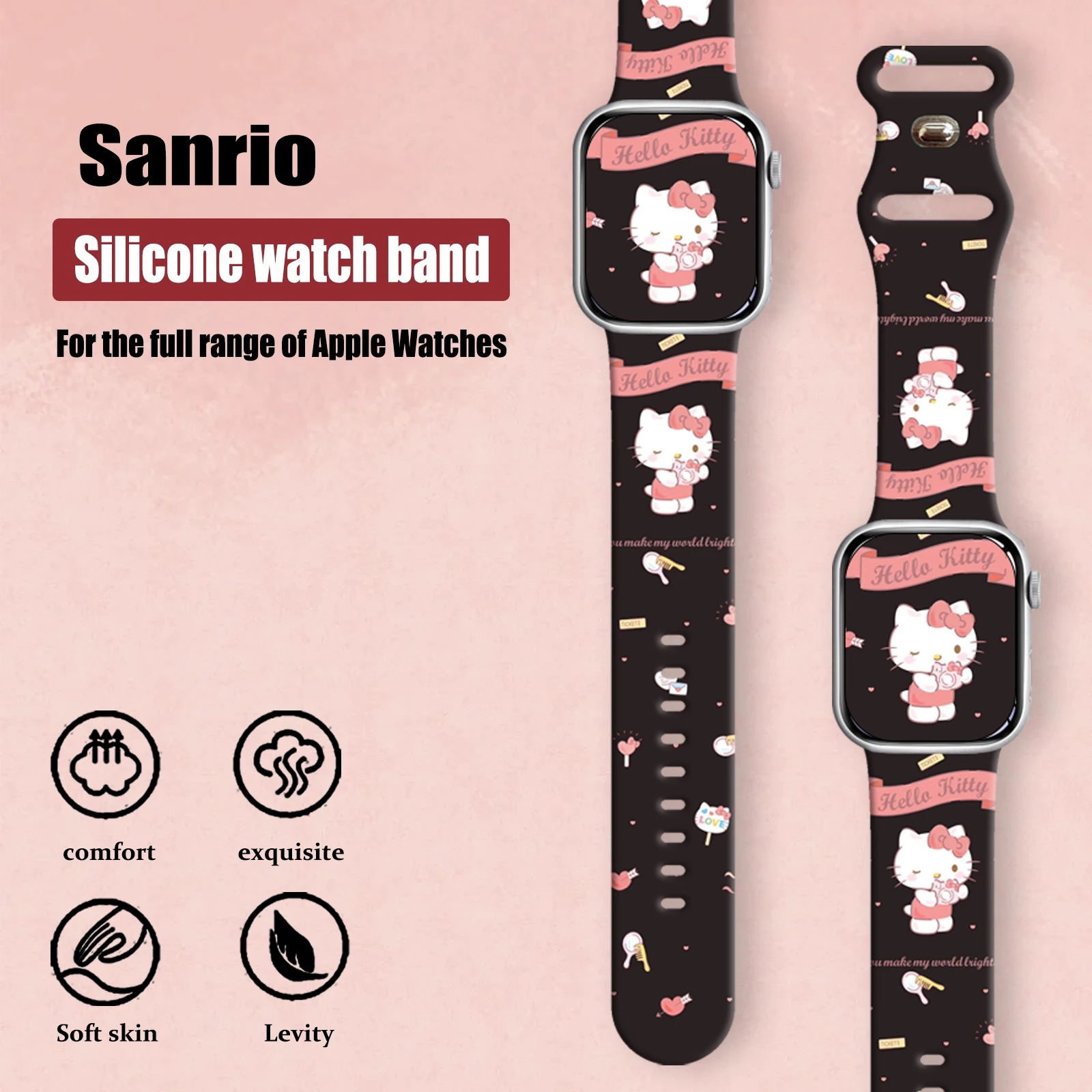 Sanrio pulseira de impressão série preta para apple watch 11 10 9 8 se pulseira de silicone substituível para iwatch 46mm 42mm 41mm 40mm