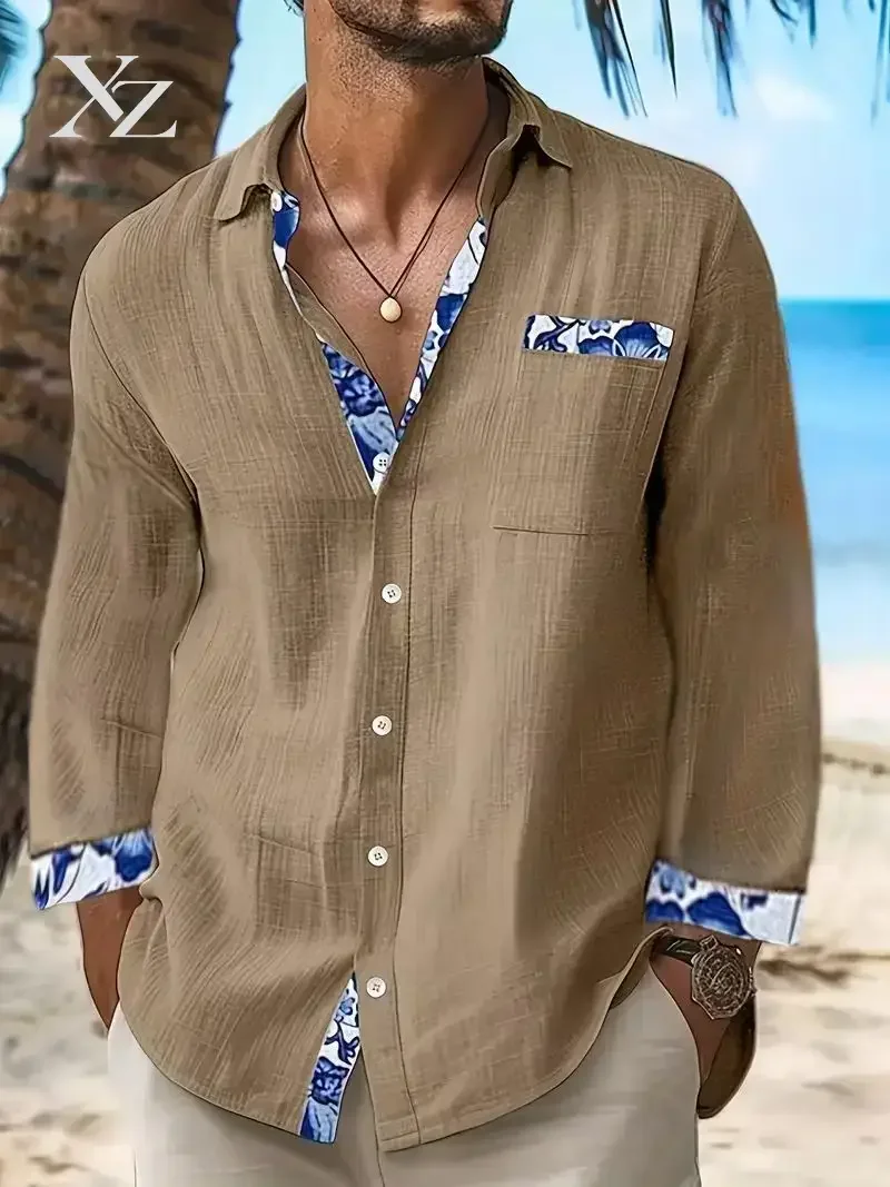 Premium Men's Linen Button Up Shirt – Long Sleeves, Pocket Design, Breathable Comfortable Casual Beach Vacation Date Outfit