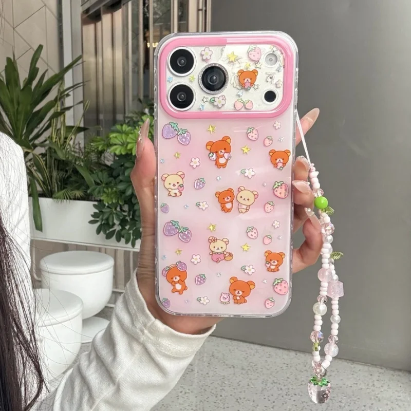 

Funny Cute Strawberry Bear Phone Case For iPhone 17 Pro 15 16 Pro Max Cover with Chain Shockproof Protective Cases For Apple 17P