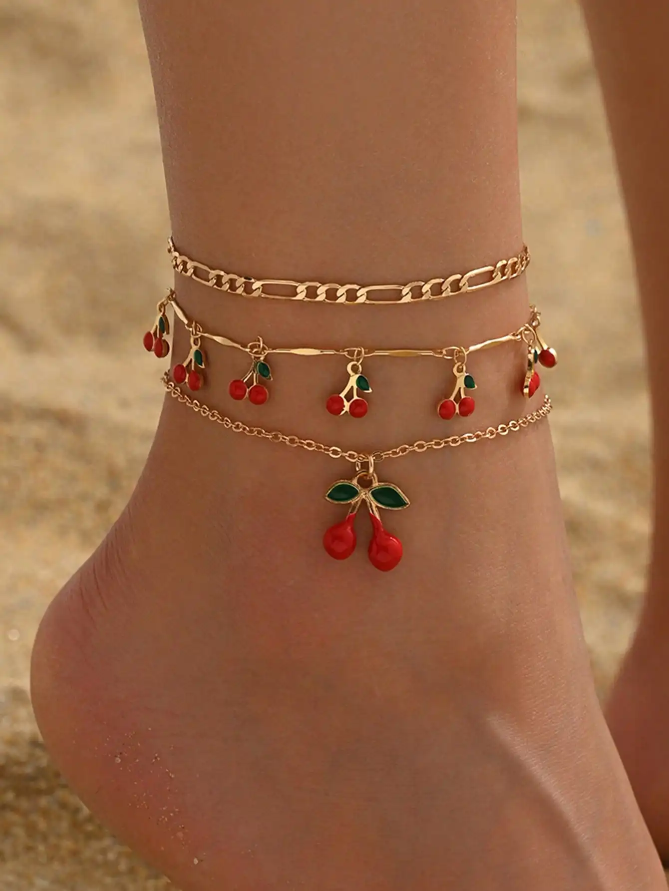 

3Pcs Sweet Cherry Pendant Anklet Tassel Foot Jewelry Fashion Ankle Bracelet Women Daily Beach Party Dating Accessories