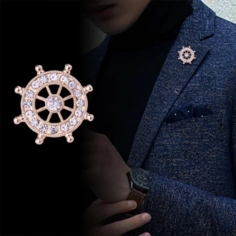 Fashionable Zircon Navy Rudder Brooch for Men and Women Suit Dress Badge Pin Casual Business Party Jewelry Gift