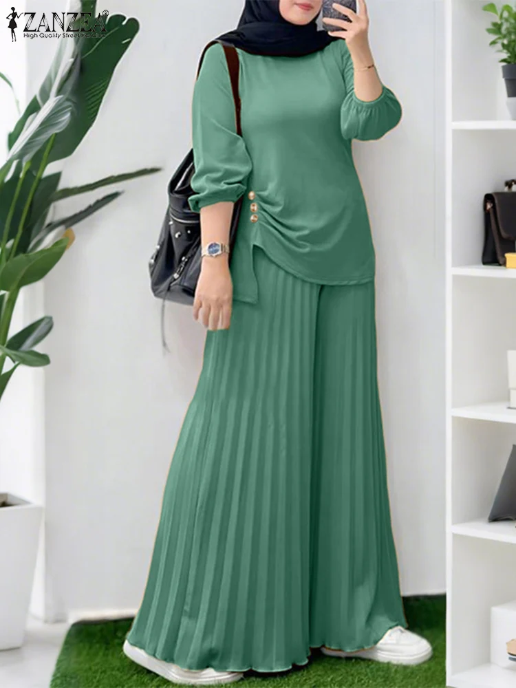 

ZANZEA Muslim Women 2 Pieces Pant Sets Hijabis Casual Asymmetric Hem Long Sleeve Blouses & Pleated Pants 2pcs Suits Outfits