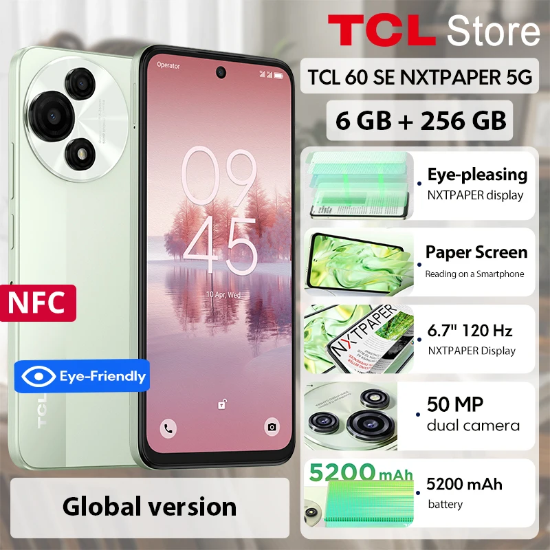 TCL 60 SE NXTPAPER 5G Global Version 8GB+10GB RAM Expansion & 256GB ROM AI-boosted Efficiency G 6.7