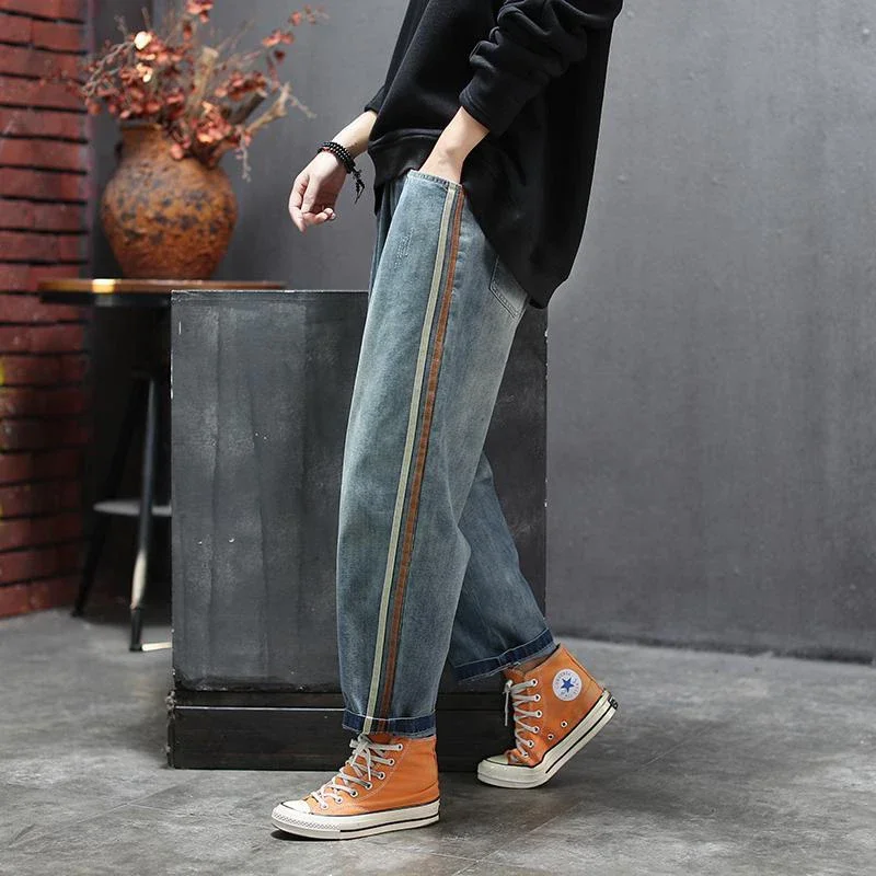 

New Arrival Spring Women Elastic Waist Loose Jeans All-matched Casual Cotton Denim Harem Pants Side Stripe Vintage Jeans V374