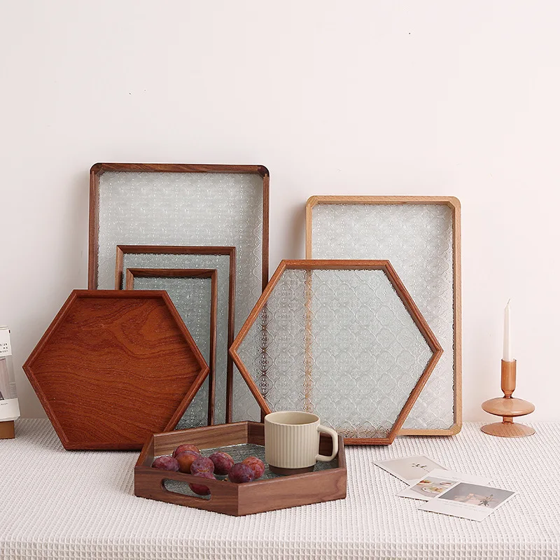 Japanese Vintage Glass Wood Tray Embossed Glass Tray Hexagonal Saucer Kitchen Container Desktop Storage Decorative Trays