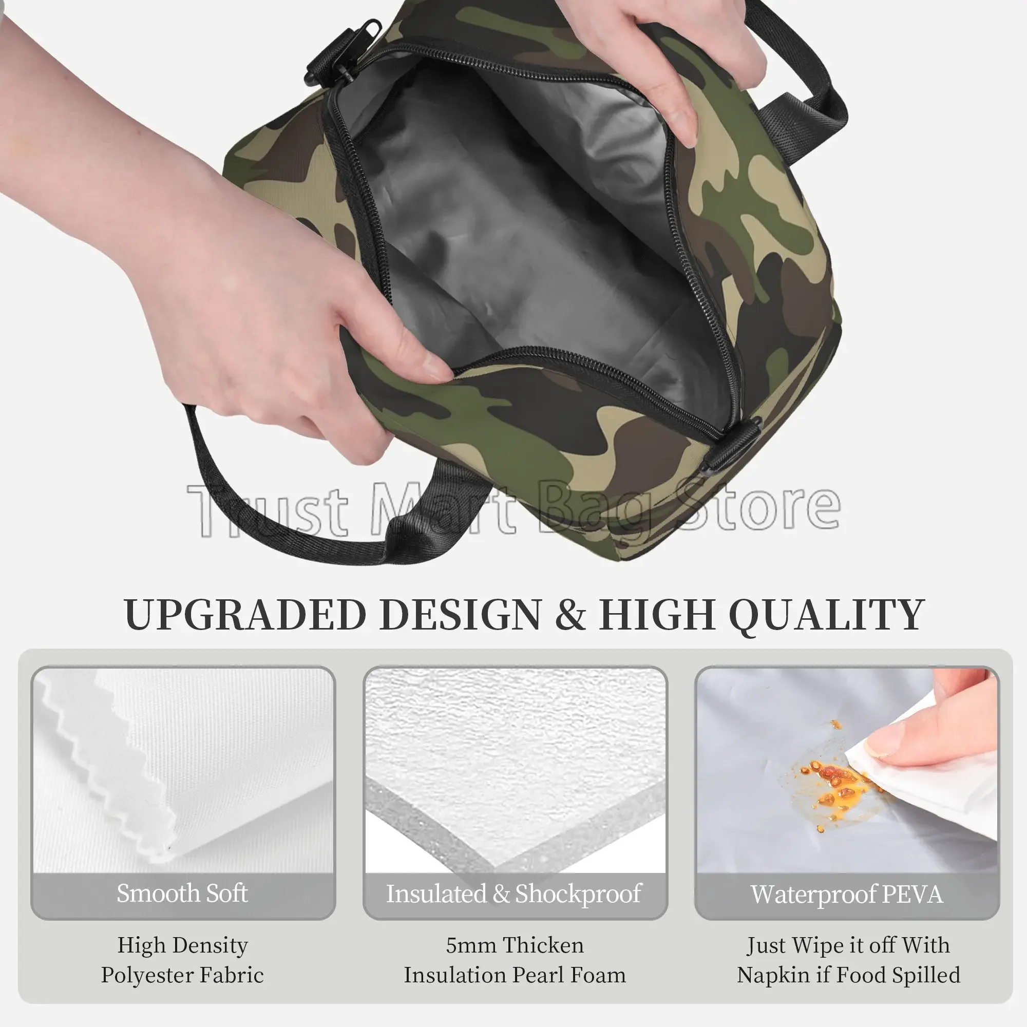 Green Camo Insulated Lunch Bag for Women Men Camouflage Waterproof Cooler Thermal Lunch Tote for Office Picnic Food Bento Box