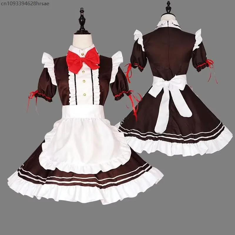 

Коричневое платье Лолиты, костюм горничной, карнавальный костюм, фартук, униформа кофейной служанки, аниме, платье Лолиты с бантом и короткими рукавами