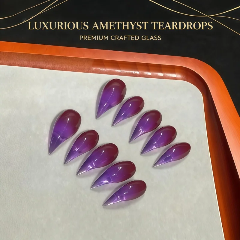 

10PCS of ultra-long purple crystal dagger-shaped nail art stickers, shiny transparent crystal tear-drop pointed fake nails set