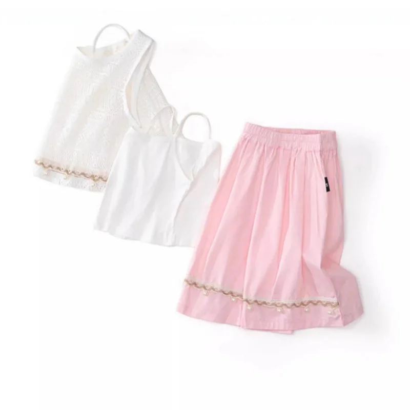 

Girls' Bohemian Vest, Camisole, and Wide-Leg Pants Three-Piece Set, Children's Ethnic Style Fashionable Summer Outfit for Baby G