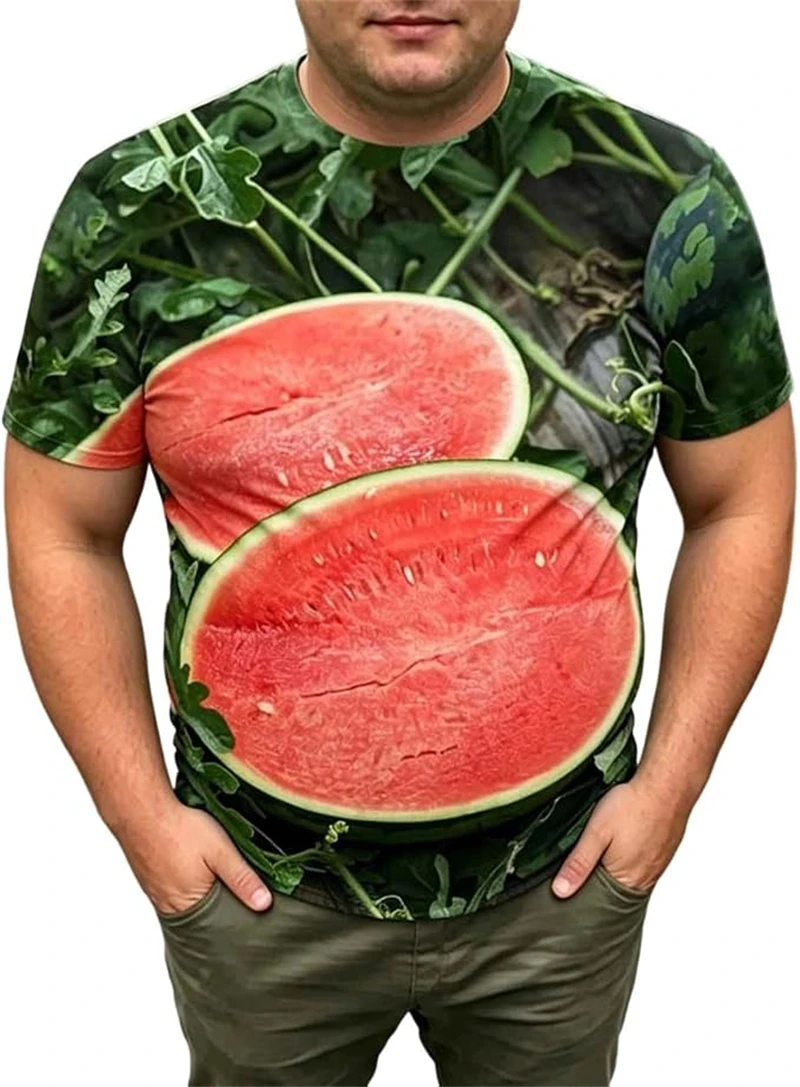 Funny Optical Illusion Fruit T Shirt For Men 3D Corn Watermelon Vivid Print Short Sleeve O‑Neck Tops Party Costume Casual Tees