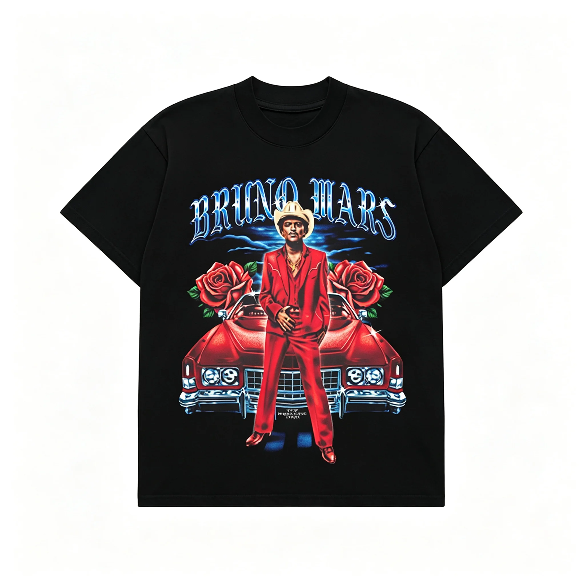 2026 New Family Matching Bruno Mars T‑Shirt Retro Western Figure Red Suit Classic Car Rose Floral Front Print Oversized Tee