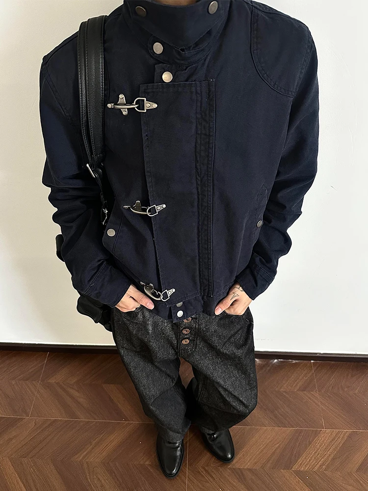 

American Retro Aircraft Buckle Workwear Jacket Men's Short Collar Outerwear Barnes Style Qing Blue Spring Autumn Design Sense