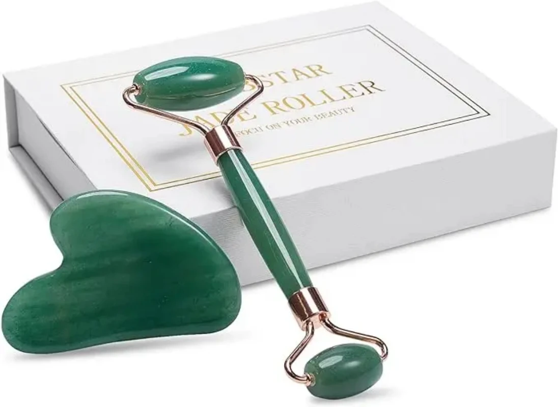 Rodillo de Jade Natural Gua Sha, masajeador corporal Facial, herramientas de masaje de belleza para estiramiento Facial, juego de masaje de piedra de Jade de cuarzo rosa