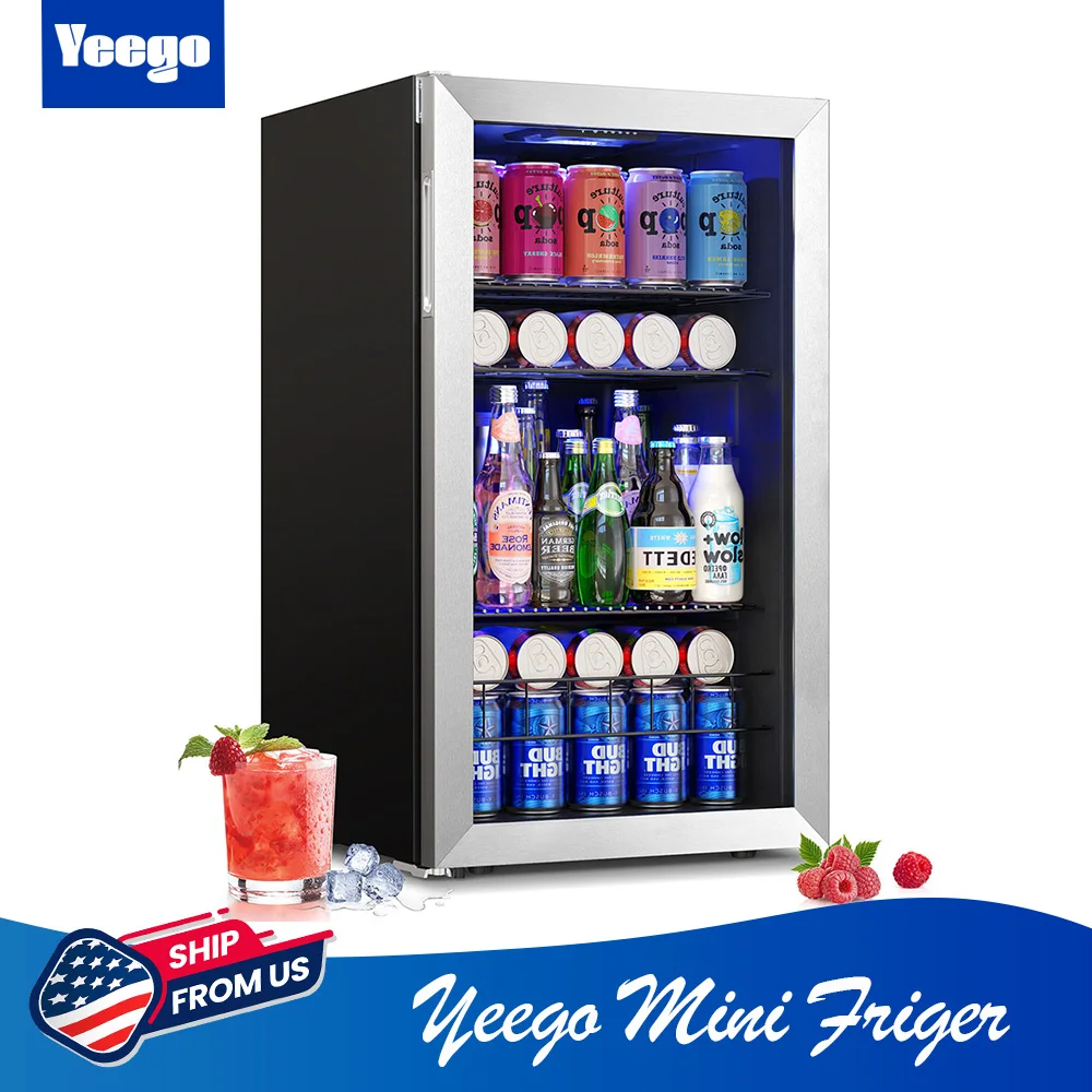 Yeego Mini Fridge Beverage Cooler - 3.35 Cu.Ft Refrigerator with Glass Door, Holds 140 Cans for Home Storage of Beer and Drinks