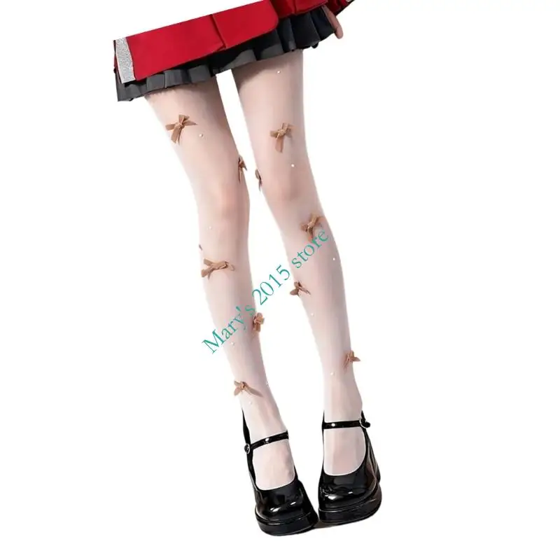 E15F Pantyhose เอวสูง Sheer ถุงน่องผ้าไหมนักเรียนหญิงต้นขาสูงถุงน่อง Sparkly Bows ไข่มุก Tights สำหรับผู้หญิงหญิง