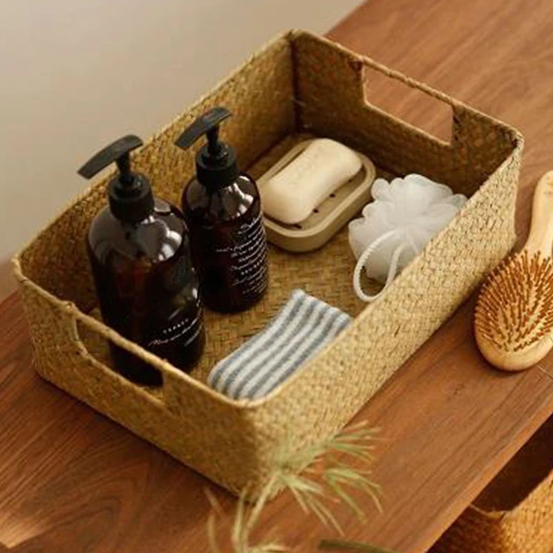 Woven Seagrass Storage Baskets Straw Rattan Basket Desk Organizer Picnic Basket Fruit Storage Box Cosmetic Storage Container