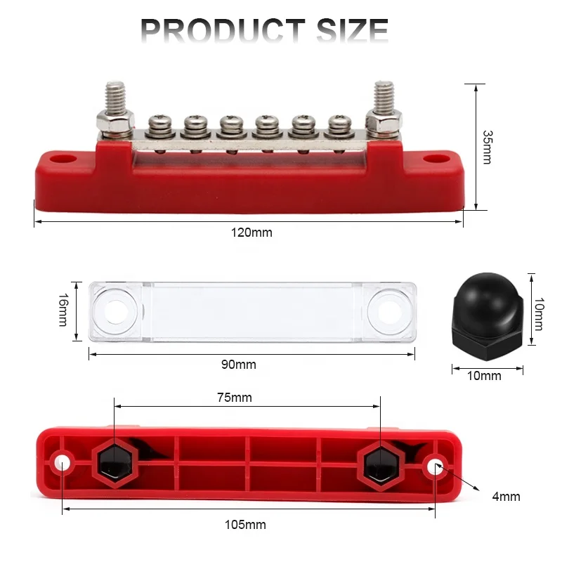 6 Terminal Battery Bus Bar 150A BusBar Red Black Power Distribution Post Block